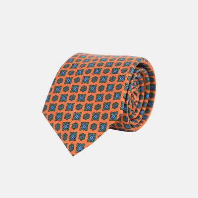 Printed Tie in Madder Silk - Burnt Orange & Teal