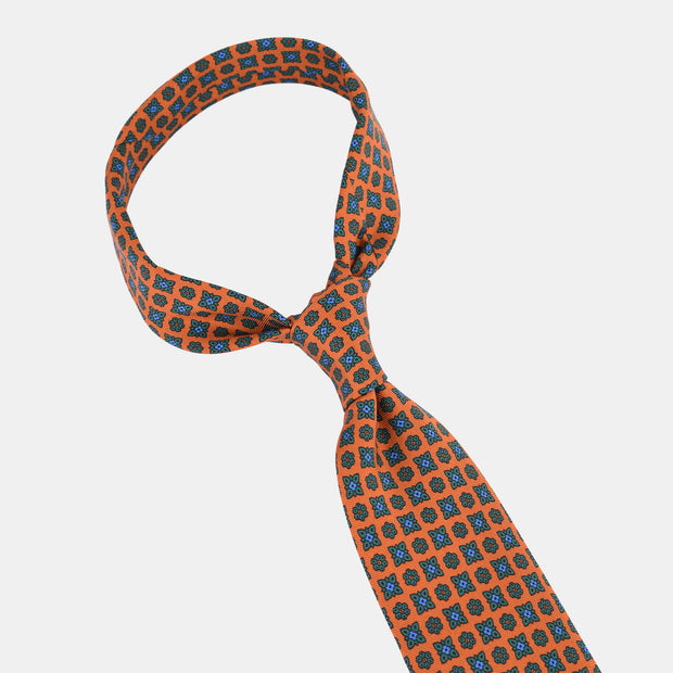 Printed Tie in Madder Silk - Burnt Orange & Teal