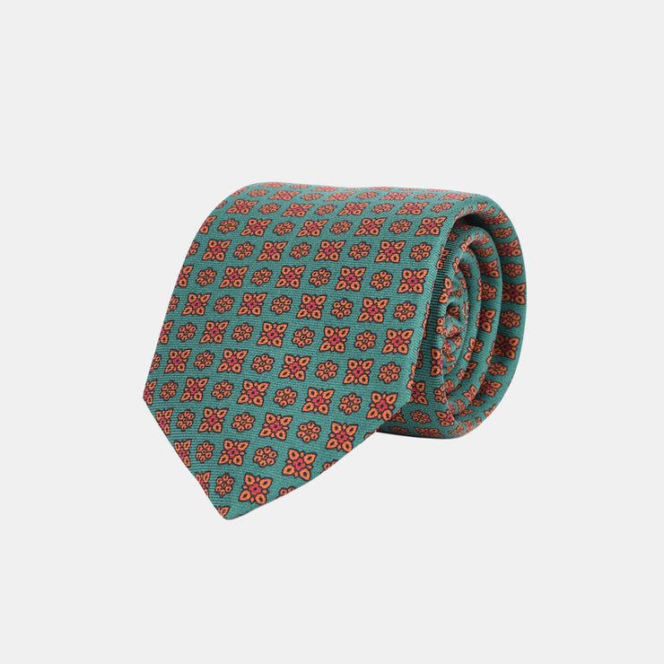 Printed Tie in Madder Silk - Green & Burnt Orange