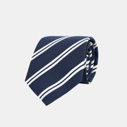 Striped Tie in Irish Poplin - Navy & Ecru