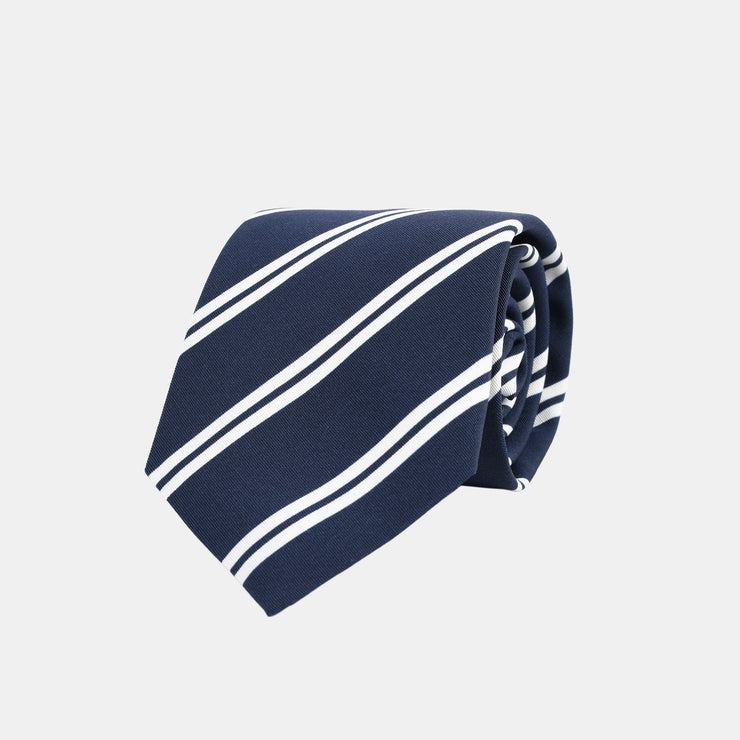 Striped Tie in Irish Poplin - Navy & Ecru