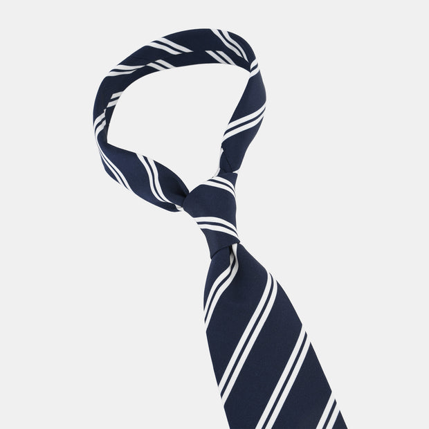 Striped Tie in Irish Poplin - Navy & Ecru