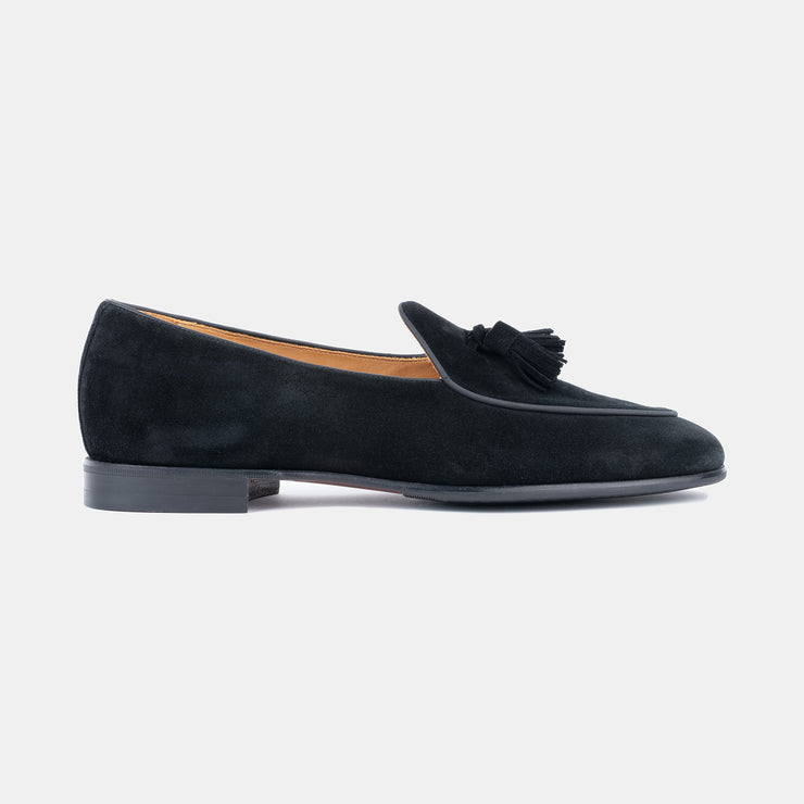 Belgian Tassel Loafer in Suede - Black