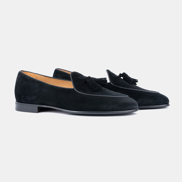Belgian Tassel Loafer in Suede - Black