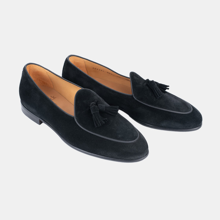 Belgian Tassel Loafer in Suede - Black