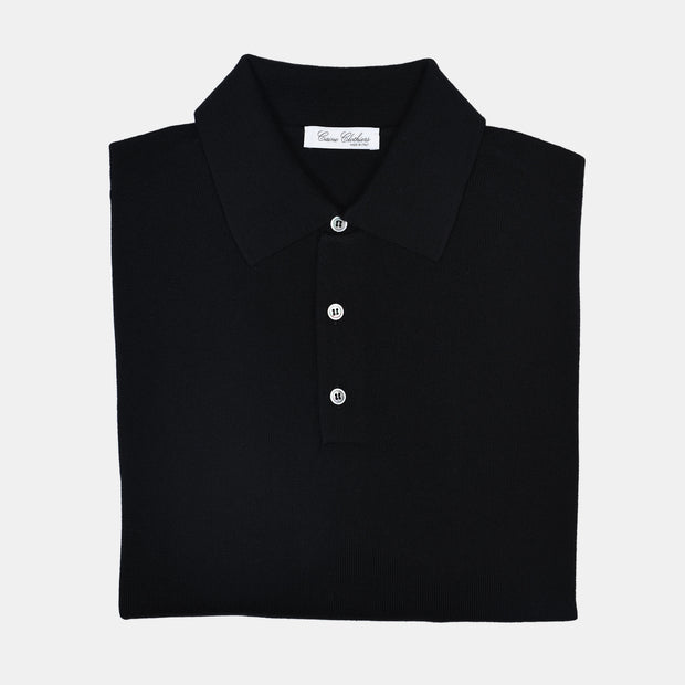 Long Sleeve Knitted Polo in Merino Wool - Black