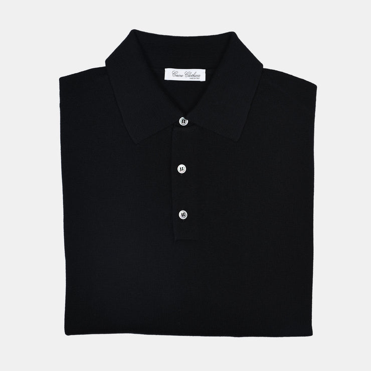 Long Sleeve Knitted Polo in Merino Wool - Black