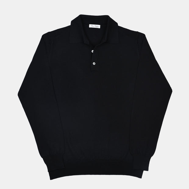 Long Sleeve Knitted Polo in Merino Wool - Black
