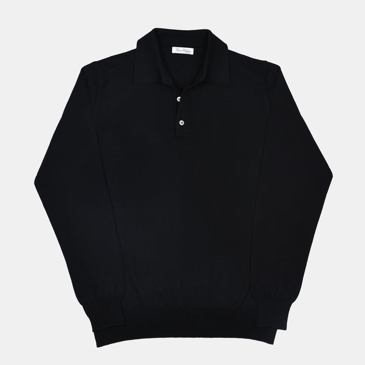 Long Sleeve Knitted Polo in Merino Wool - Black