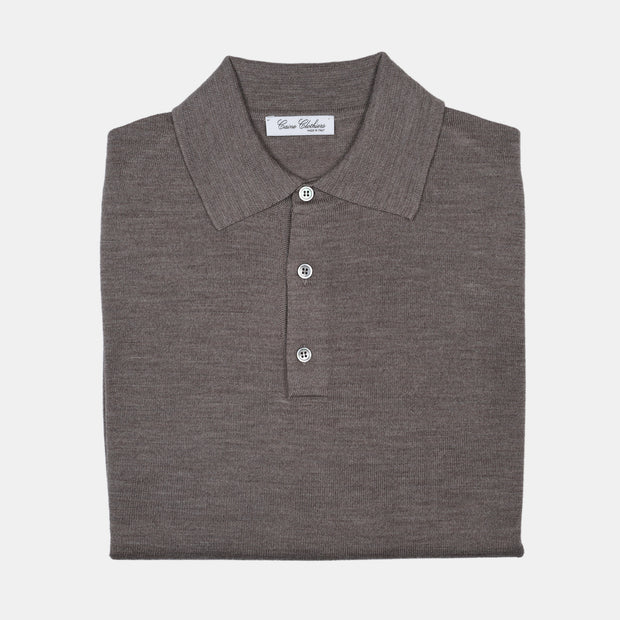 Long Sleeve Knitted Polo in Merino Wool - Taupe