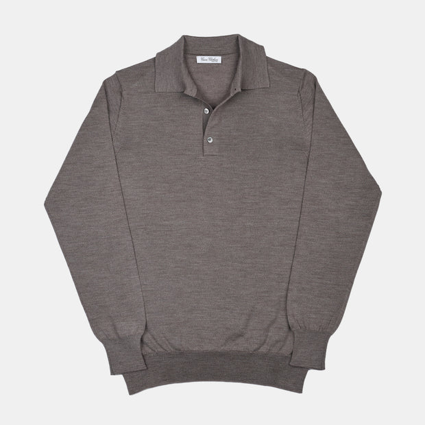 Long Sleeve Knitted Polo in Merino Wool - Taupe