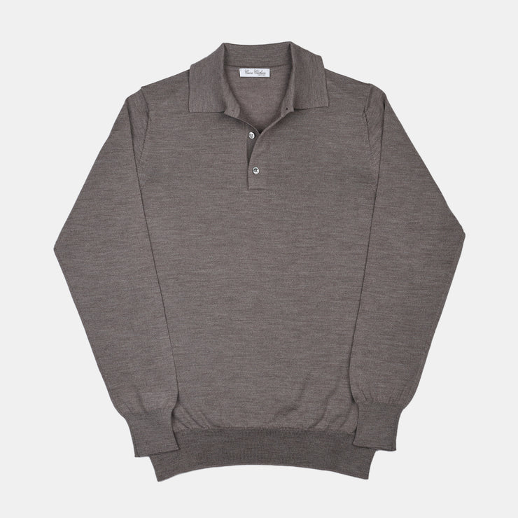 Long Sleeve Knitted Polo in Merino Wool - Taupe