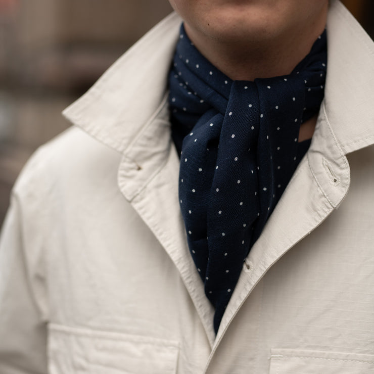 Printed Polka Dot Scarf in Wool & Silk - Navy