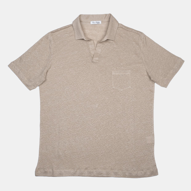 Polo Shirt with Open Collar in Linen – Beige
