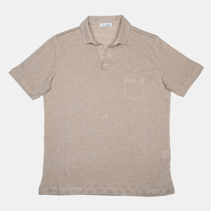 Polo Shirt with Open Collar in Linen – Beige