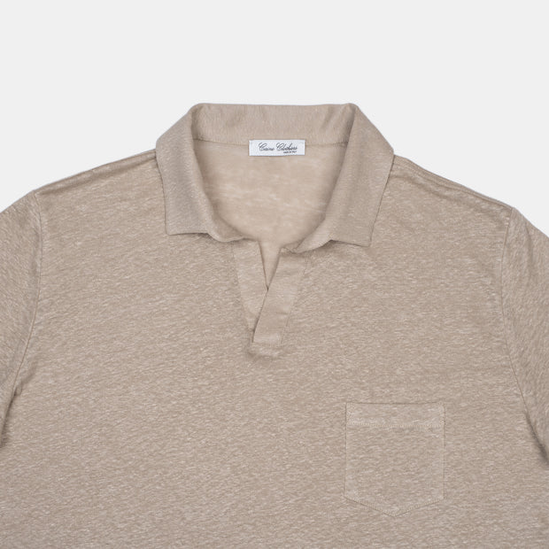 Polo Shirt with Open Collar in Linen – Beige