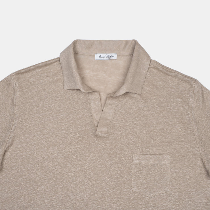 Polo Shirt with Open Collar in Linen – Beige