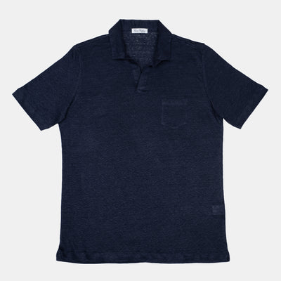 Polo Shirt with Open Collar in Linen – Navy