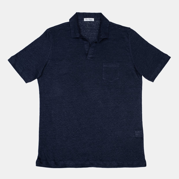 Polo Shirt with Open Collar in Linen – Navy