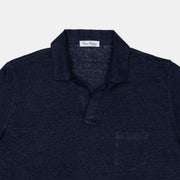 Polo Shirt with Open Collar in Linen – Navy