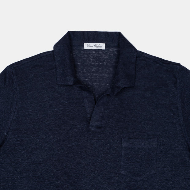 Polo Shirt with Open Collar in Linen – Navy