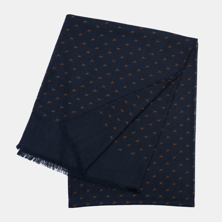 Printed Hunting Dogs Scarf in Wool & Silk - Navy