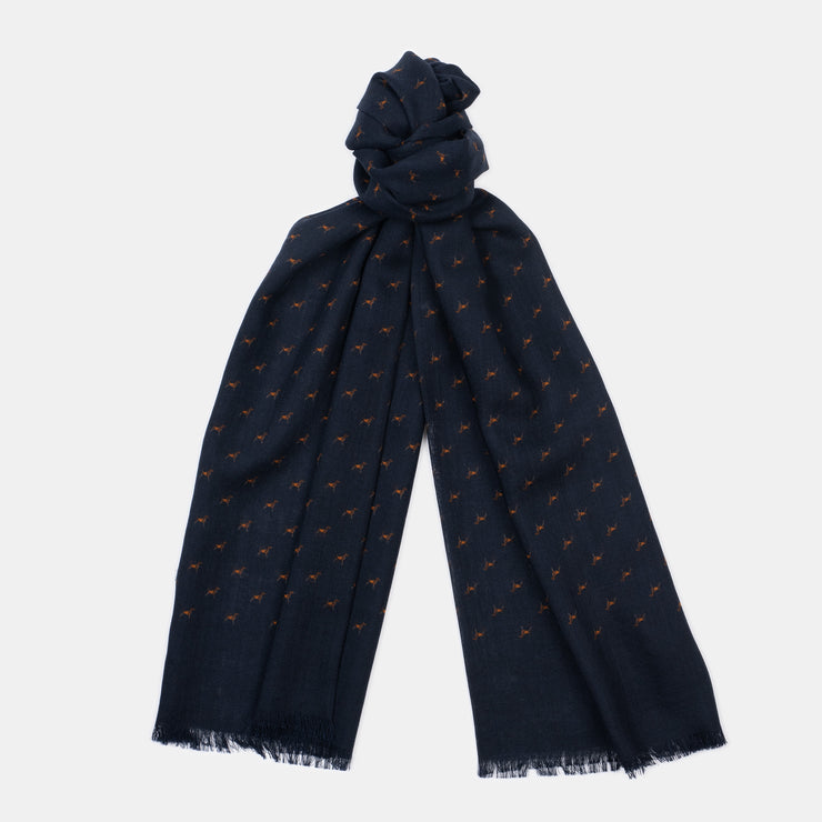 Printed Hunting Dogs Scarf in Wool & Silk - Navy