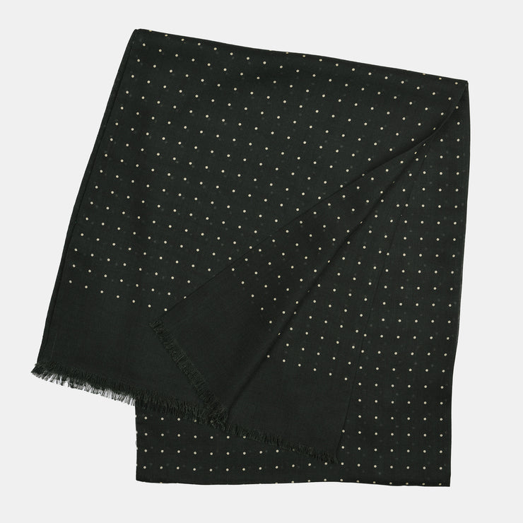 Printed Polka Dot Scarf in Wool & Silk - Dark Green