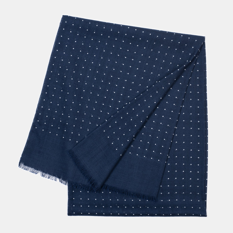 Printed Polka Dot Scarf in Wool & Silk - Navy