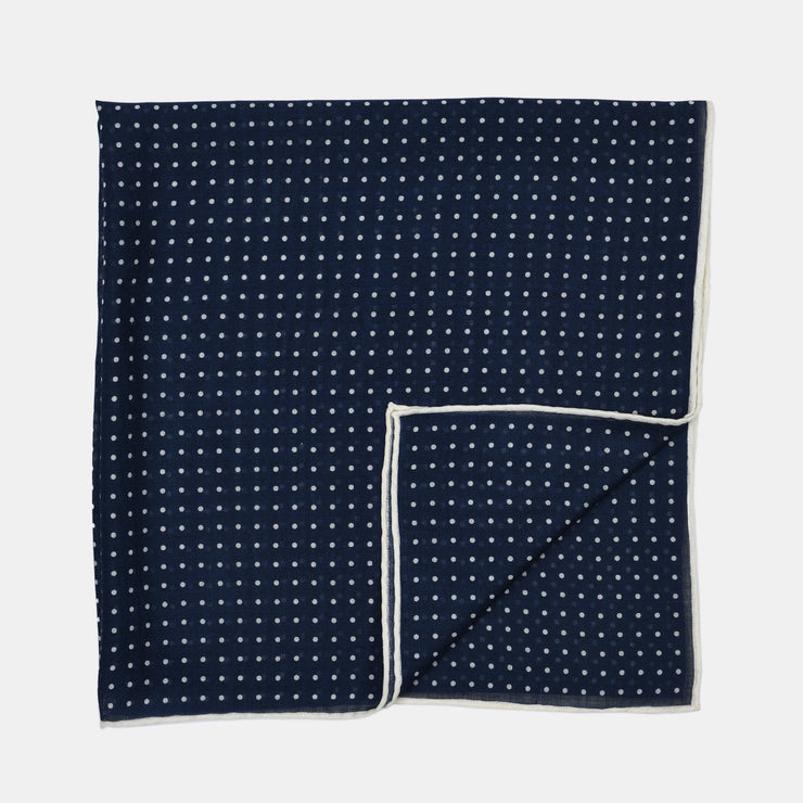 Printed Square Scarf in Wool & Silk - Navy
