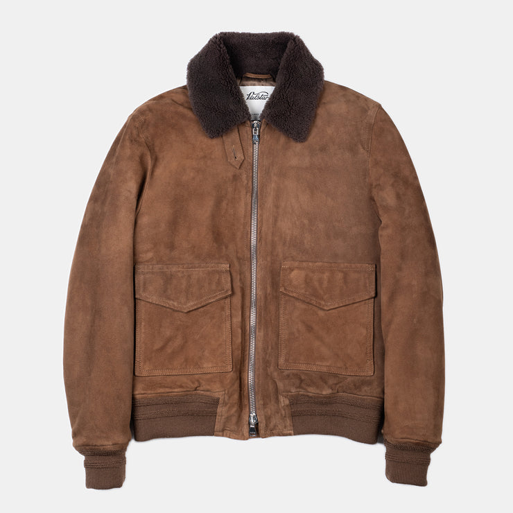 Flight Jacket with Shearling Collar in Suede - Sesame