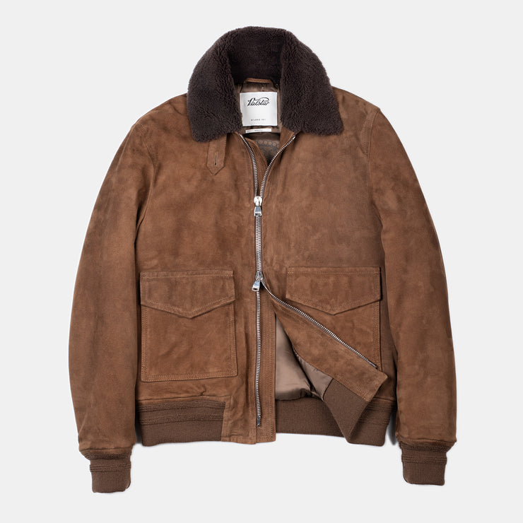 Flight Jacket with Shearling Collar in Suede - Sesame
