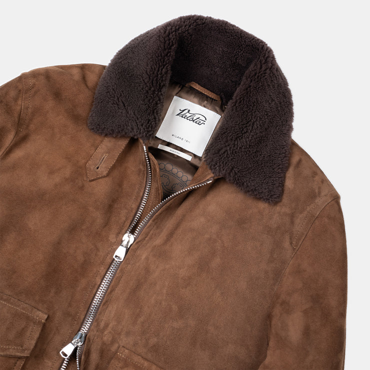 Flight Jacket with Shearling Collar in Suede - Sesame