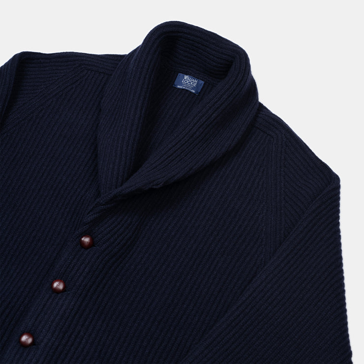 Shawl Collar Cardigan in Geelong Lambswool - Navy