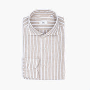 Cutaway Collar Shirt in beige reverse stripe linen