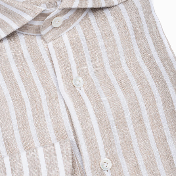 Cutaway Collar Shirt in beige reverse stripe linen