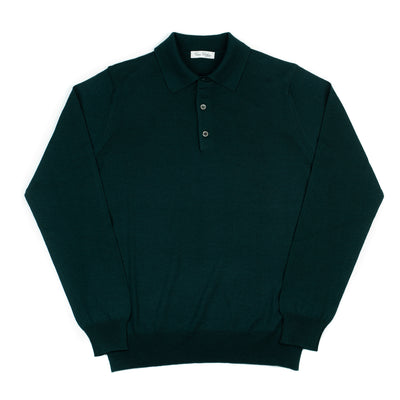 Long Sleeve Knitted Polo in Emerald Green Merino Wool