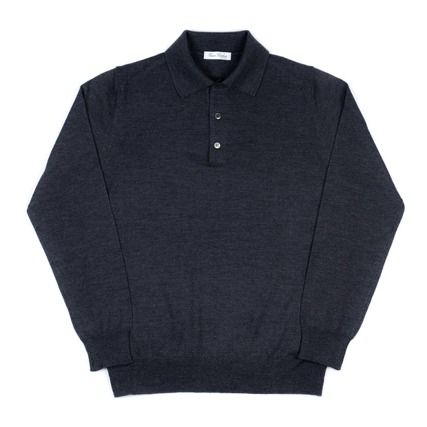 Long Sleeve Knitted Polo in Grey Merino Wool