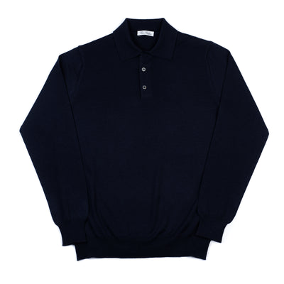 Long Sleeve Knitted Polo in Navy Merino Wool