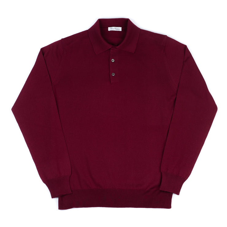 Long Sleeve Knitted Polo in Wine Merino Wool