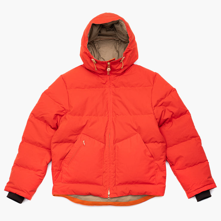 Down Hooded Jacket in Orange Dry Waxed Cotton