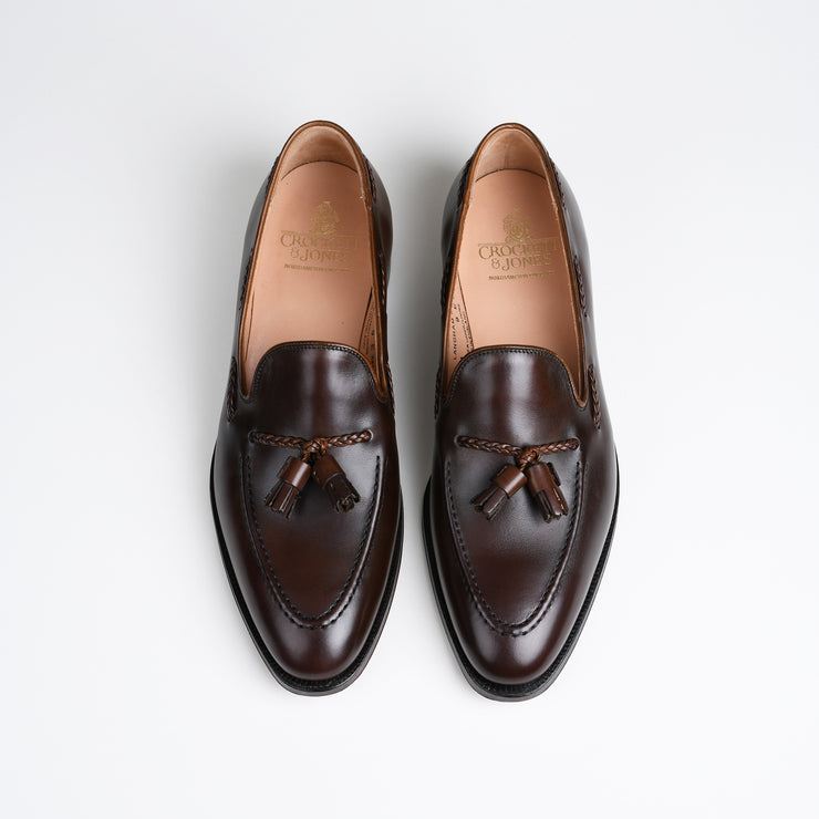 Langham II Tassel Loafer in Dark Brown Burnished Calf