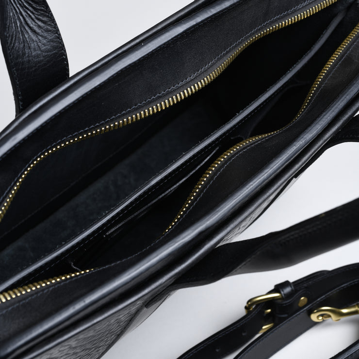 Zip Top Briefcase - Black shrunken bison