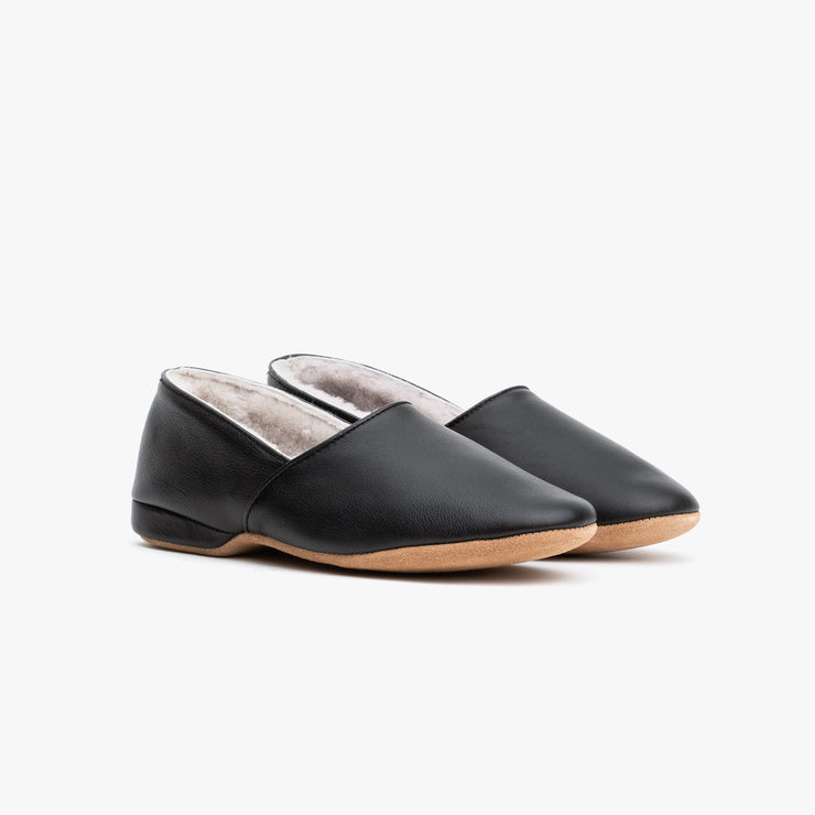 Sheepskin Slipper in Black Smooth Leather