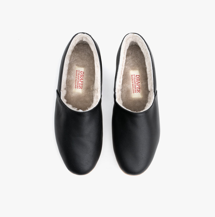 Sheepskin Slipper in Black Smooth Leather