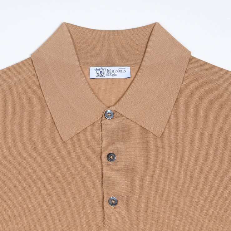 Short-sleeve polo shirt in superfine merino - Tan
