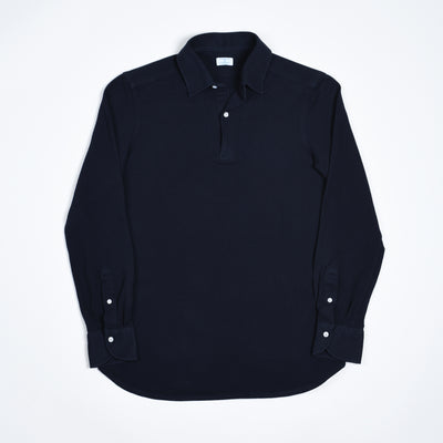 Long-sleeved Cotton Knit Polo Shirt - Navy