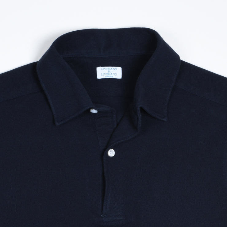 Long-sleeved Cotton Knit Polo Shirt - Navy