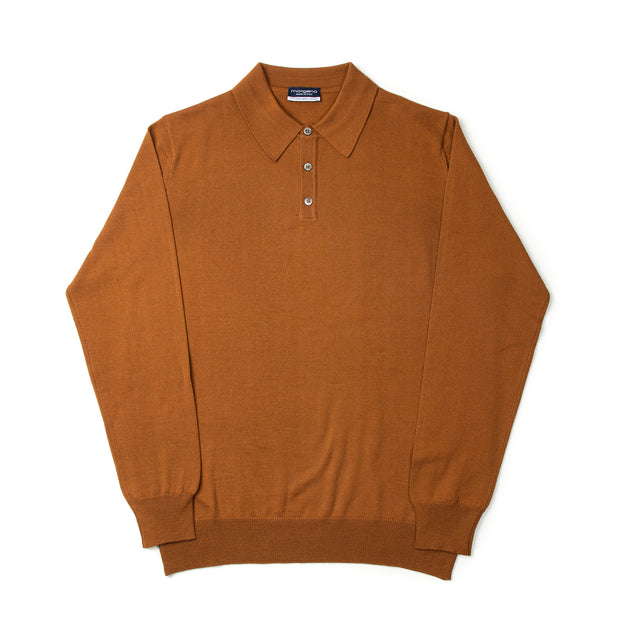 Long Sleeve Knitted Polo Extrafine Merino - Cognac