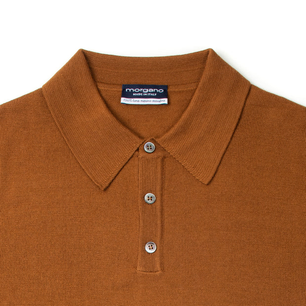 Long Sleeve Knitted Polo Extrafine Merino - Cognac